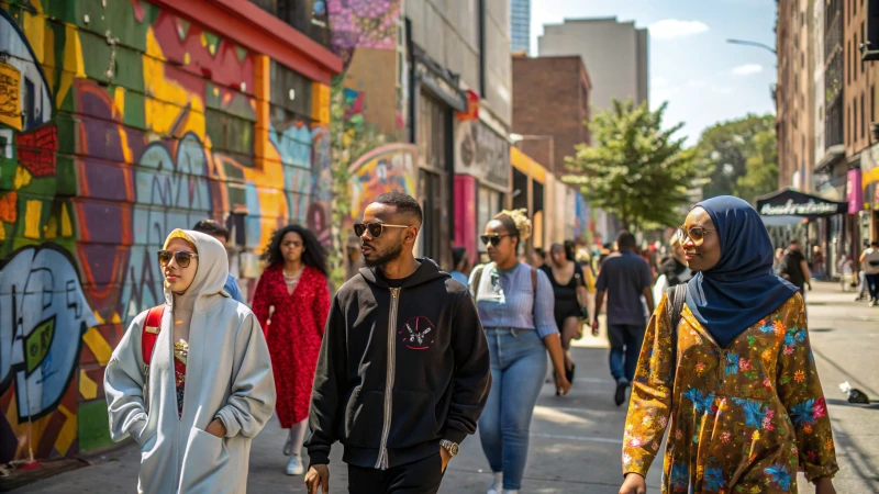 A vibrant urban street scene with diverse individuals in unisex clothing.