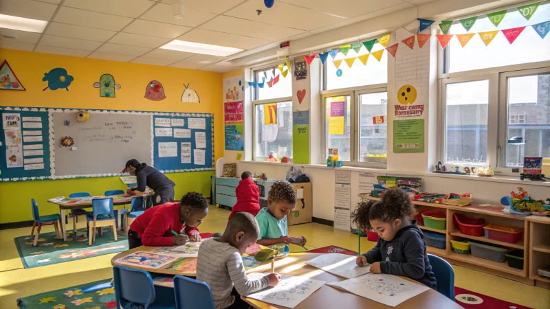 A vibrant classroom with children engaging in activities