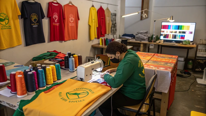 A person sewing a logo on a shirt in a colorful workshop.