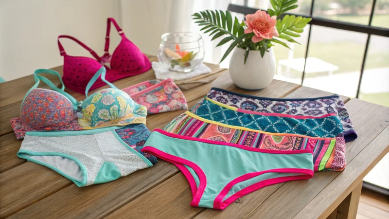 Colorful custom underwear displayed on a wooden table