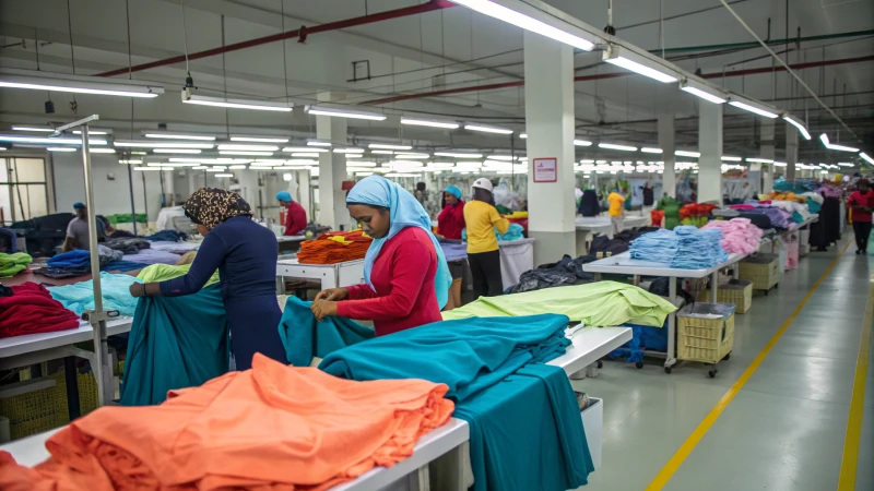 Workers inspecting garments in a factory