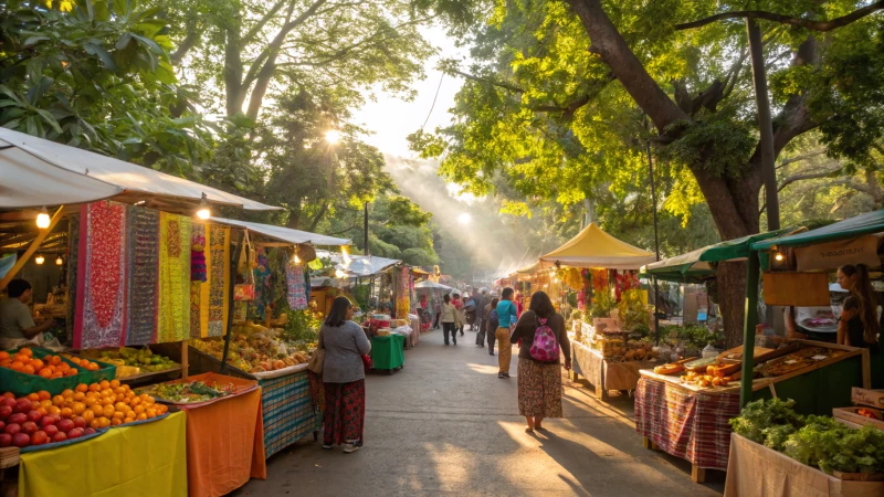 A vibrant marketplace with diverse vendors and colorful stalls