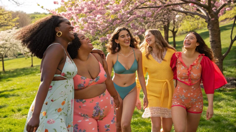 A diverse group of models wearing Aerie clothing in a sunlit park
