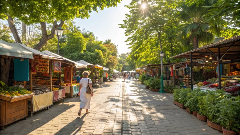 A colorful street market with a traveler walking through