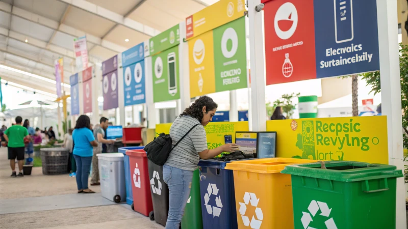 A busy recycling center with people returning items and clear signage.