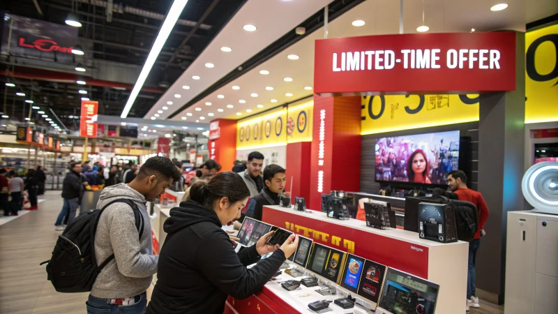 A vibrant retail environment featuring customers engaging with an electronic gadget and colorful signage.