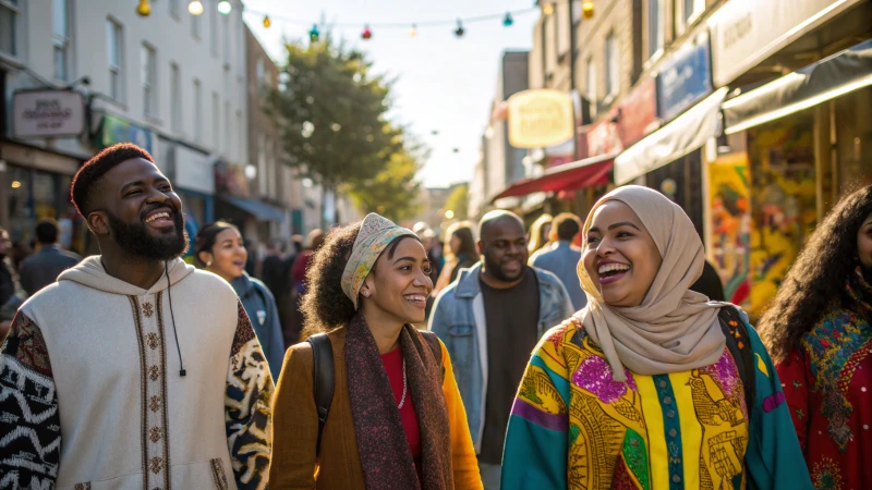 A diverse group of people in a vibrant street scene