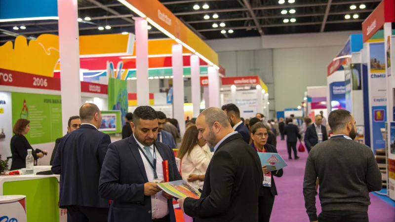 A busy trade show with various booths and attendees