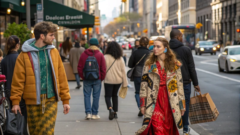A vibrant urban scene showcasing diverse individuals in unique clothing styles.