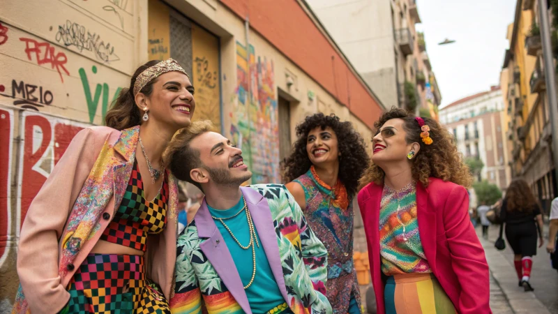 A diverse group of individuals in a vibrant urban setting