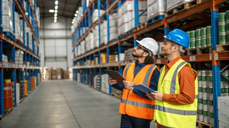 Warehouse workers in safety gear inspecting product samples
