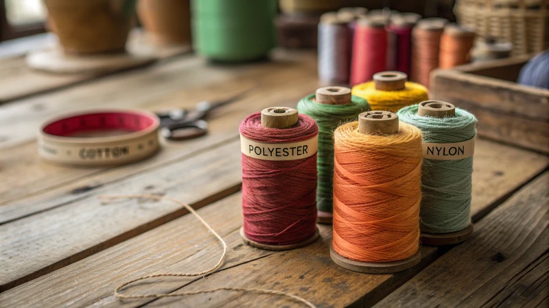 Close-up of colorful spools of thread on a wooden table