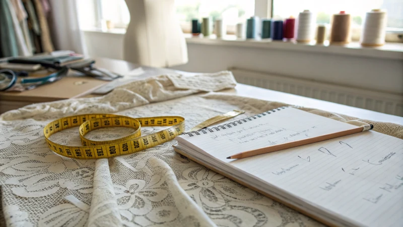 A soft measuring tape and clothing pattern on a workspace