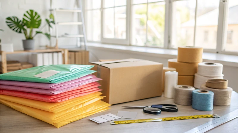 A bright workspace with various packaging materials