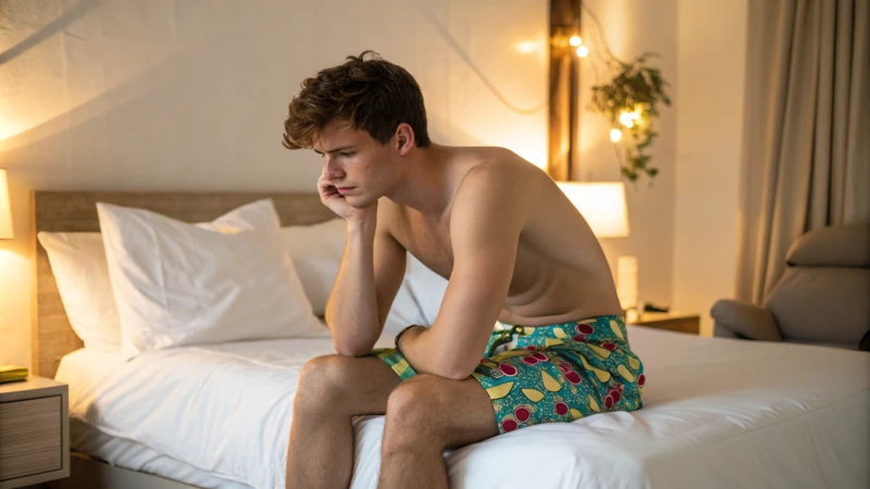 A young man in boxer shorts sitting on a bed, looking contemplative.