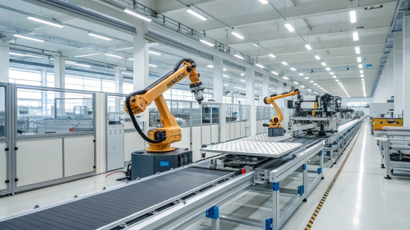High-tech automated manufacturing facility with robotic arms