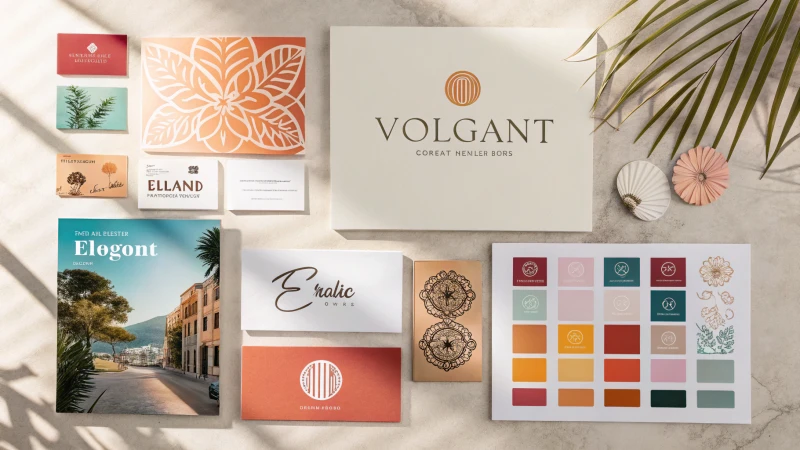 A collage of branding reference samples including logos, color palettes, and typography.