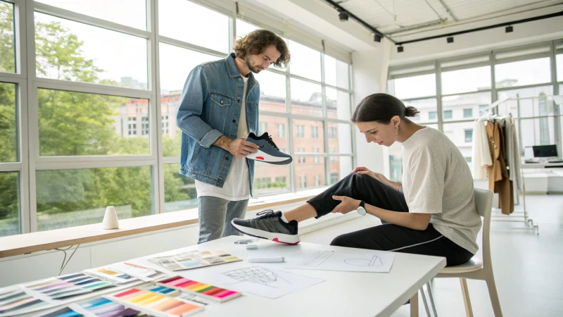 A designer watches a user trying on a prototype shoe in a bright design studio.