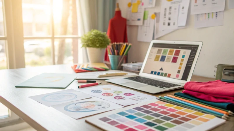 A vibrant workspace with colorful branding materials and a laptop