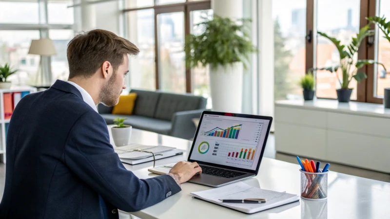 Business professional analyzing competitor pricing data on a laptop in a modern office.