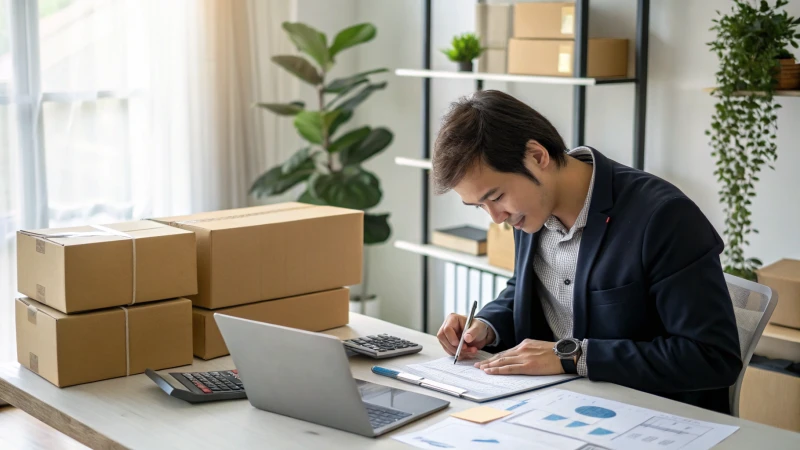 A business professional analyzing shipping costs at a modern desk