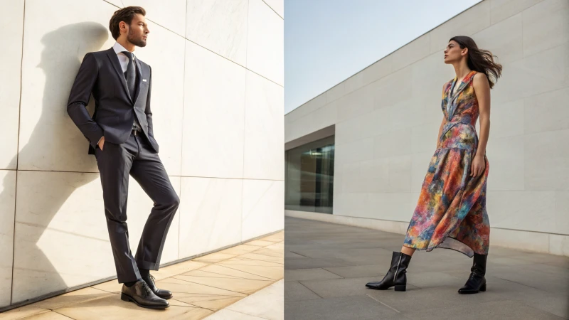 A man in a tailored suit and a woman in a colorful dress standing confidently on either side of a split image.