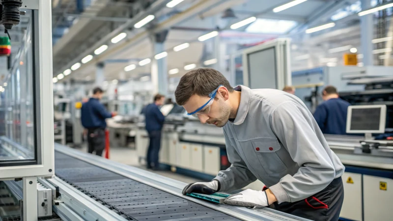 A technician inspecting products on a conveyor belt in a busy manufacturing facility.