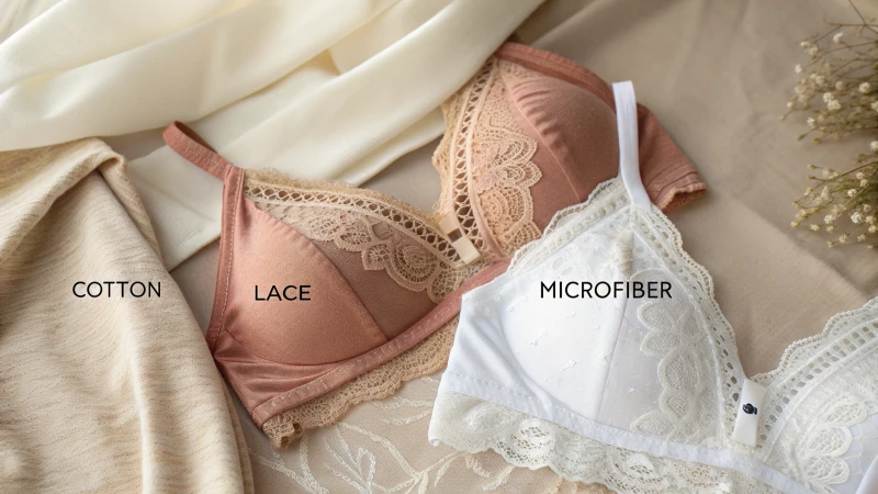 Close-up of various bra fabrics including cotton, lace, and microfiber