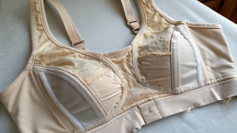 Close-up of a worn support bra showing details of wear and tear