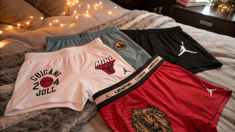 A variety of custom branded underwear displayed on textured fabric