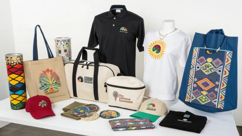 A vibrant display of customized products including clothing and bags