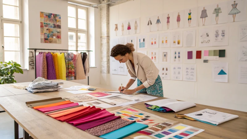 A designer in a colorful fabric studio examining materials.