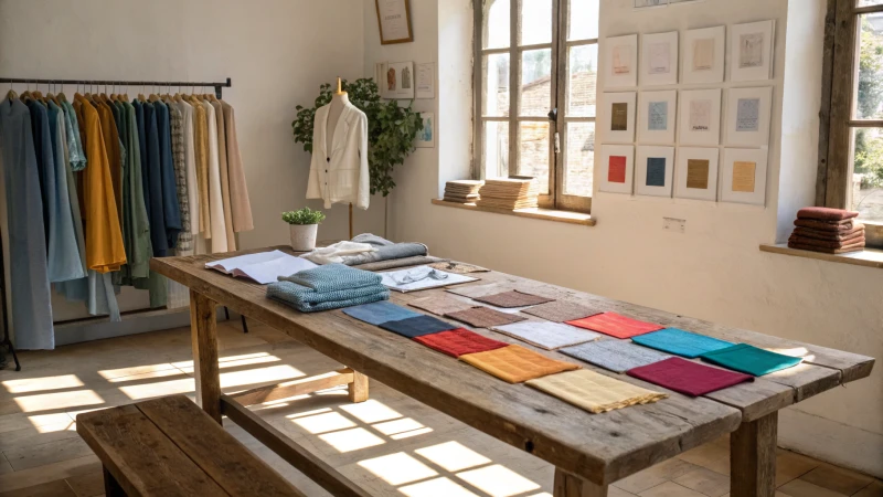 A design studio with a wooden table covered in colorful fabric swatches