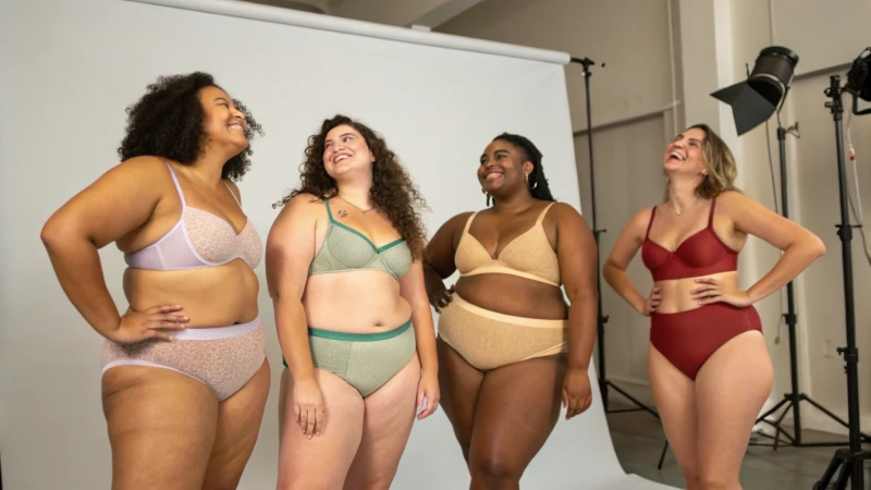 A diverse group of individuals in custom thong underwear posing confidently in a studio setting.