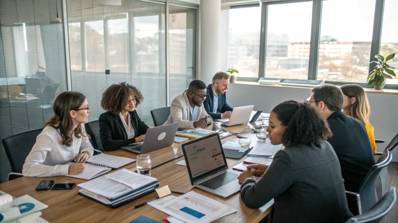 A diverse team discussing at a conference table