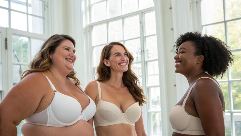 A group of diverse women in custom bras smiling confidently in a bright room.
