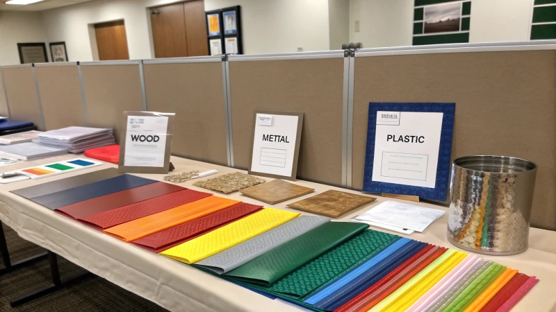 A display of various materials including wood, plastic, metal, and fabric on a table