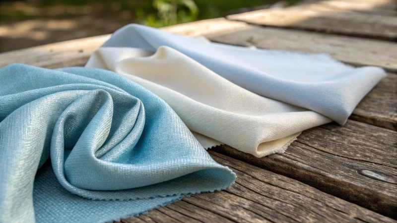 Close-up of three fabric swatches on a wooden surface
