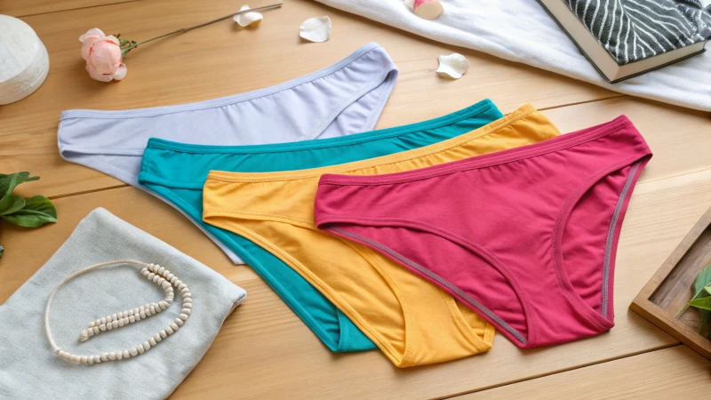 Flat lay of various colorful fabric swatches for thong underwear.