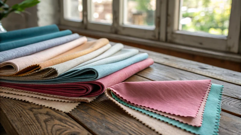 Close-up of assorted fabric swatches on a rustic wooden table