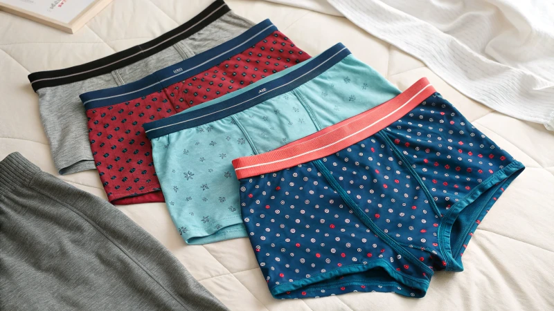 Flat lay of various underwear styles including briefs, boxers, and boxer briefs on a soft fabric surface.