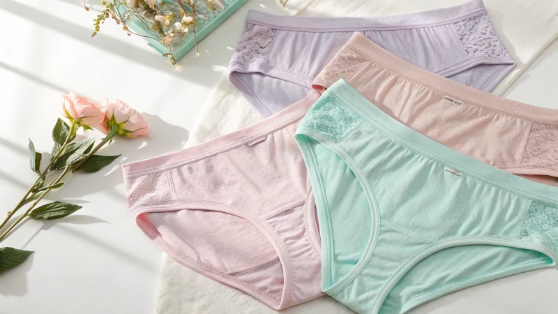 A flat lay arrangement of soft pastel-colored underwear