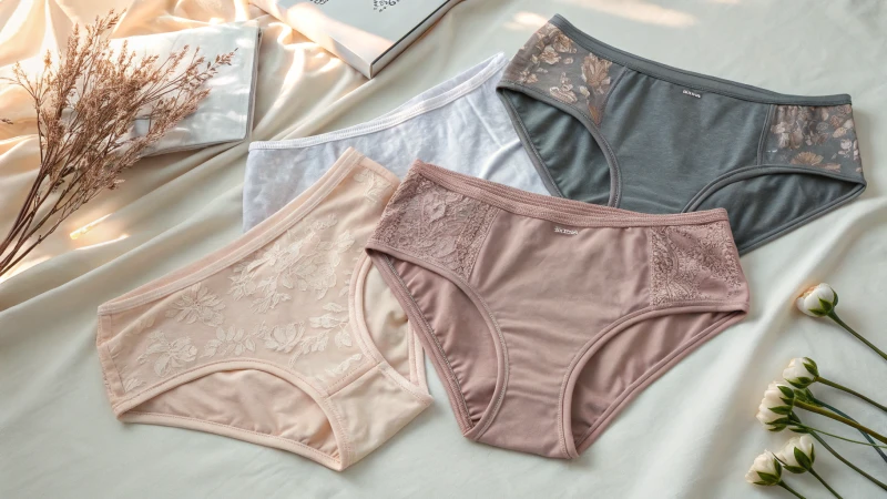 Flat lay of various styles of high-quality underwear on a light backdrop.