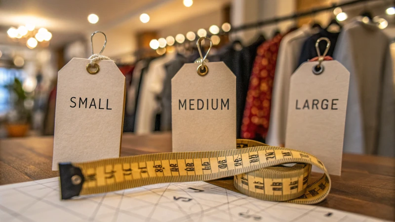 Close-up of a measuring tape and clothing size tags