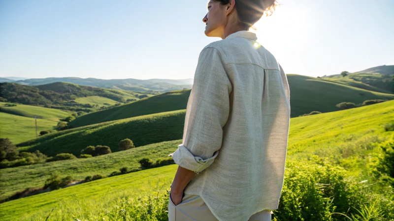 Person wearing a light-colored merino wool shirt in a green landscape