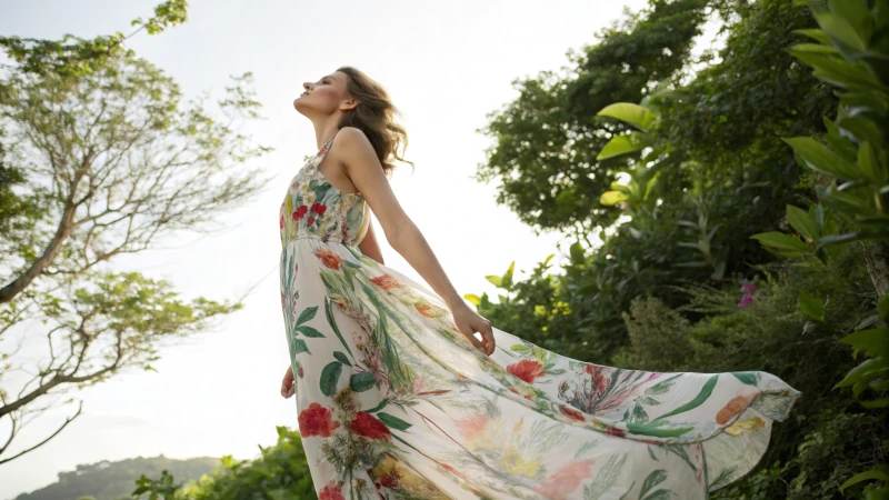 Model wearing a flowy summer dress in a sunny outdoor setting