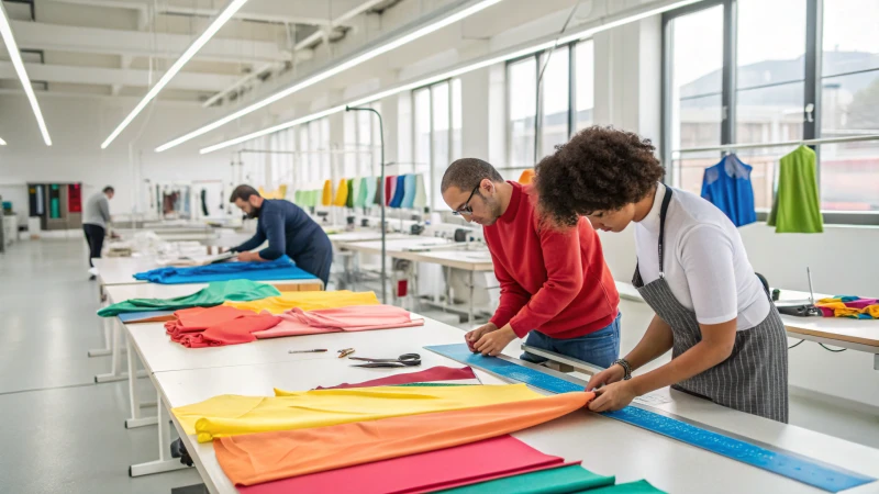 Workers in a bright factory inspecting fabrics and measuring sizes for thong underwear