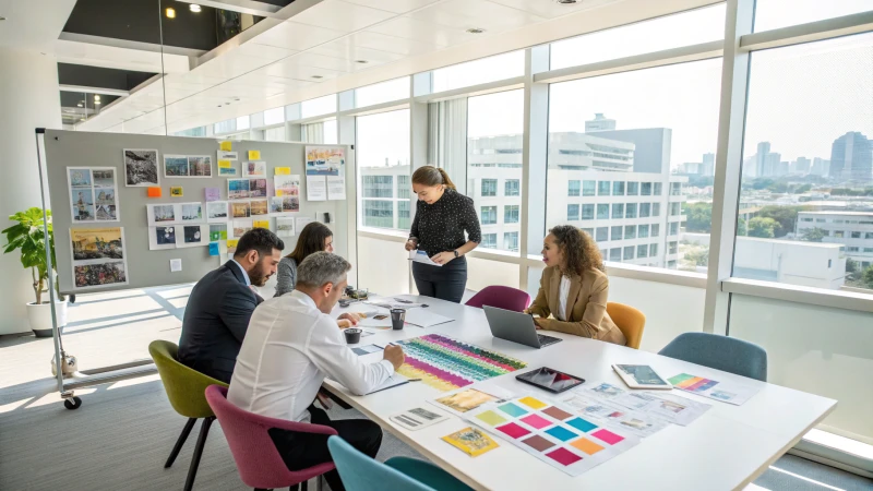 Business professionals in a modern conference room discussing product samples