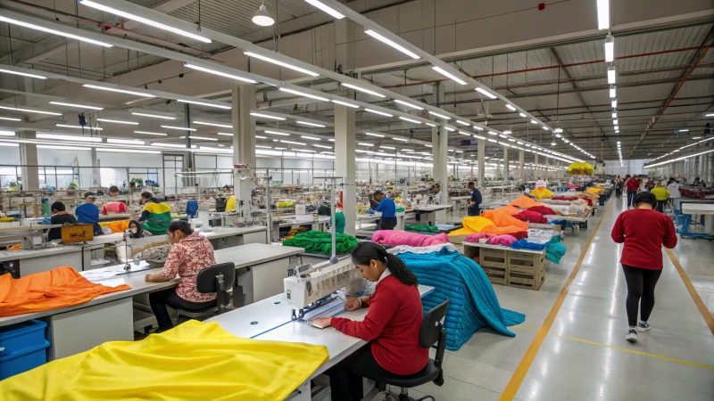 Interior of a modern factory with workers sewing colorful fabrics.