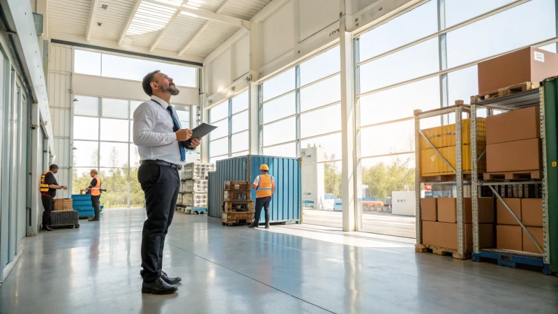 A logistics warehouse with a manager overseeing operations.